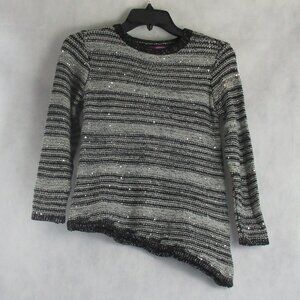 Aqua Girls' Sequin Stripe Asymmetric Hem Pullover Sweater, Black/Gray, Medium